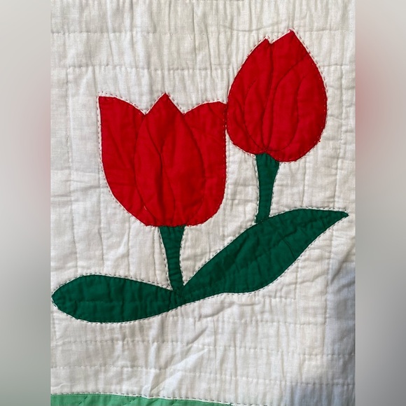 Vintage Handstitched Appliqué Quilt with Tulips 69” x 90” - Picture 6 of 12